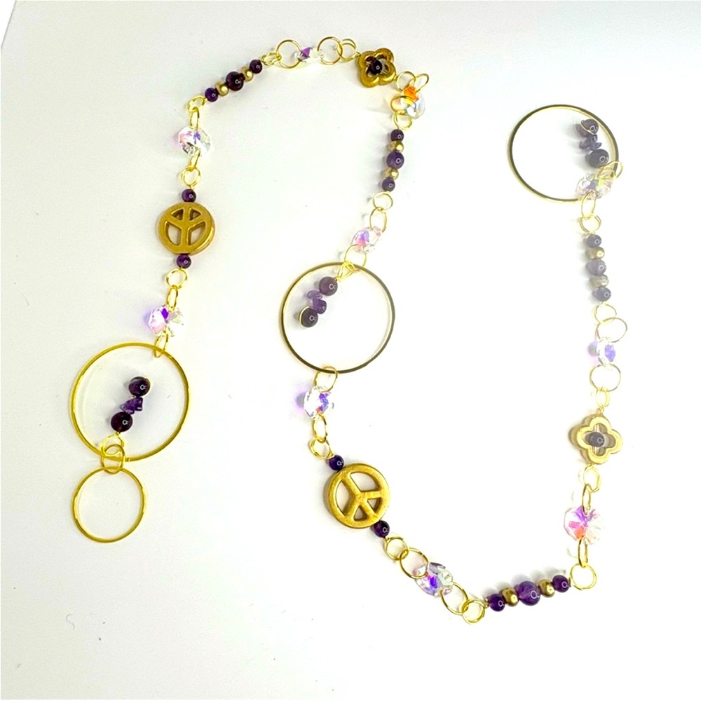 Handmade One of a Kind Gemstone Wall Hanging Amethyst, Gold Peace Sign Beads